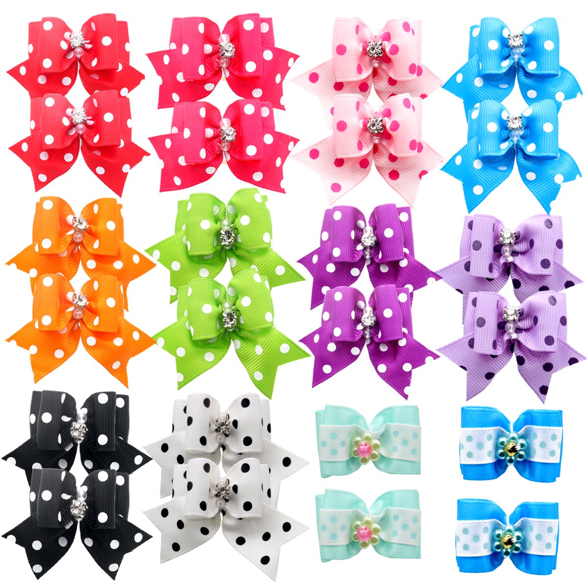 HOLLIHI 24 pcs/12 Pairs Adorable Grosgrain Ribbon Pet Dog Hair Bows with Elastic Rubber Bands - Doggy Kitty Bowknots Topknot Grooming Accessories Set for Long Hair Puppy Cat