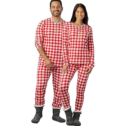 HonestBaby Family Matching Holiday Pajamas Organic Cotton for Men, Women, Kids, Toddlers, Baby Boys, Girls, Unisex Pets, Painted Buffalo Check Red, Small