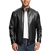 Fahsyee Leather Jacket Men Lightweight Motorcycle Jackets Men's Stand Collar Bomber Coat with Pockets and Zip