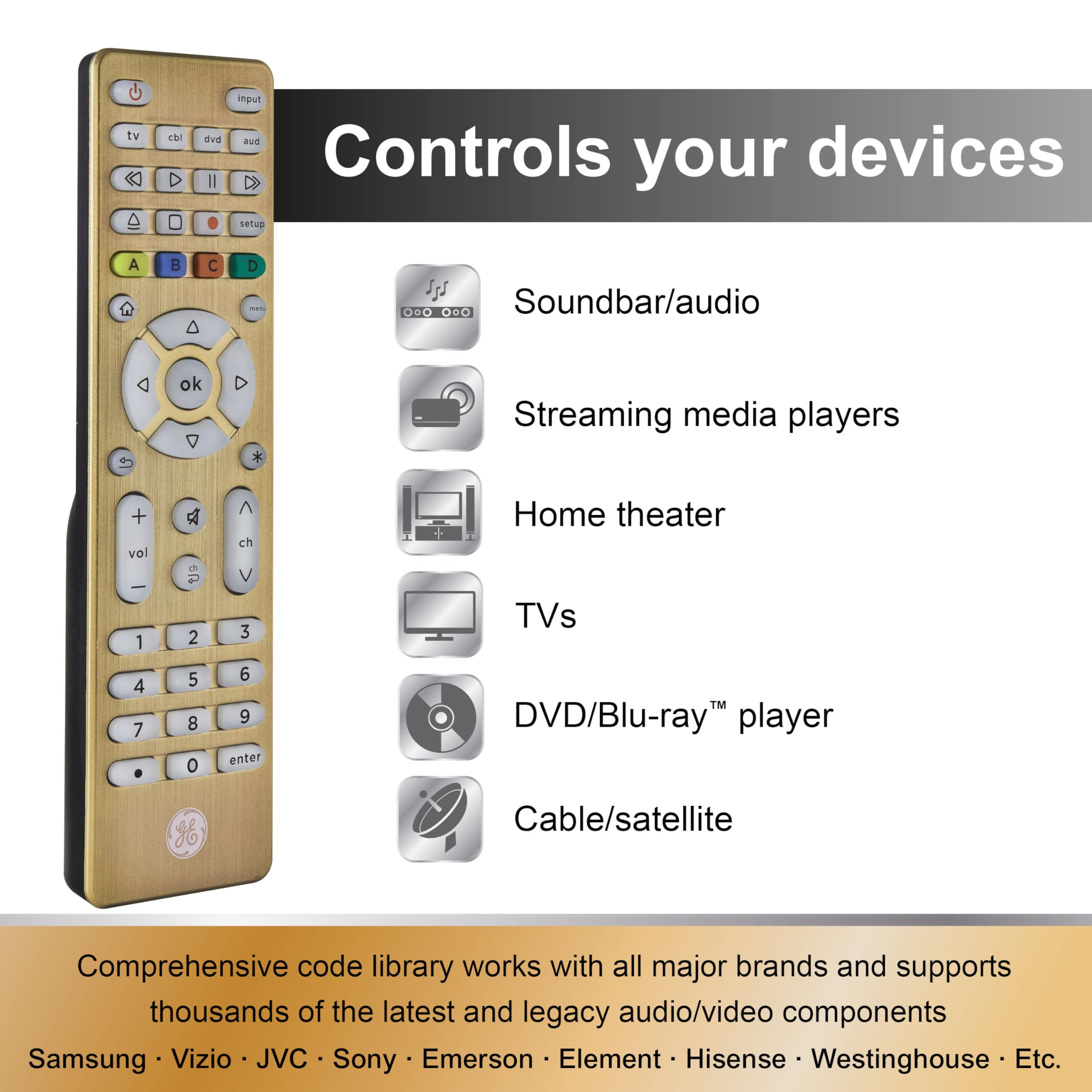 GE Universal Remote Control, Samsung TV Remote,Universal TV Remote for Roku TV, Vizio, LG, Sony, Sharp, Roku, Apple TV, TCL, Panasonic, Smart TVs, Streaming Players, Blu-ray, DVD, 4-Device, Gold,48845