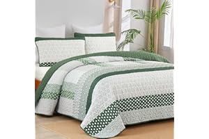 WONGS BEDDING Green Quilt King Size, Bohemian Stripe Quilt Sets 3 Pieces Boho Quilted Bedspread Set Lightweight Microfiber Coverlet Bedding Set All Season (104"x90")