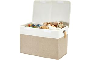 Roobyl Large Toy Box with Flip-Top Lid, Collapsible Storage Organizer Bins with Dividers and Handles, Kids Bin Chest Baskets for Toys, Playroom Organizers, Nursery 25"x13" x16" (Beige & White)
