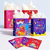 Ehpiern 8 Pcs Birthday Gift Bags, 9" Happy Birthday Gift Bag with Handle and Tissue Paper, Reusable Gift Bags 4 Designs for for Kids, Women, Men, Adults, Siblings, Parties