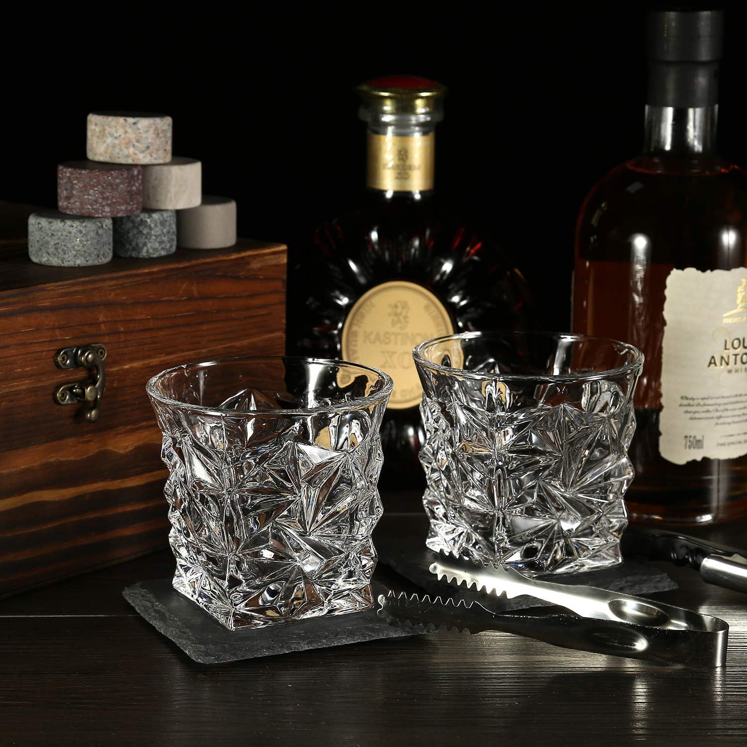 Large Whisky Stones and Glasses Gift Set,Whisky Rocks Chilling Stones in Handmade Wooden Box-Cool Drinks Without Dilution-Whisky Glasses Set of 2,Six Big stones,Gift for Dad,Husband,Men - Image 3