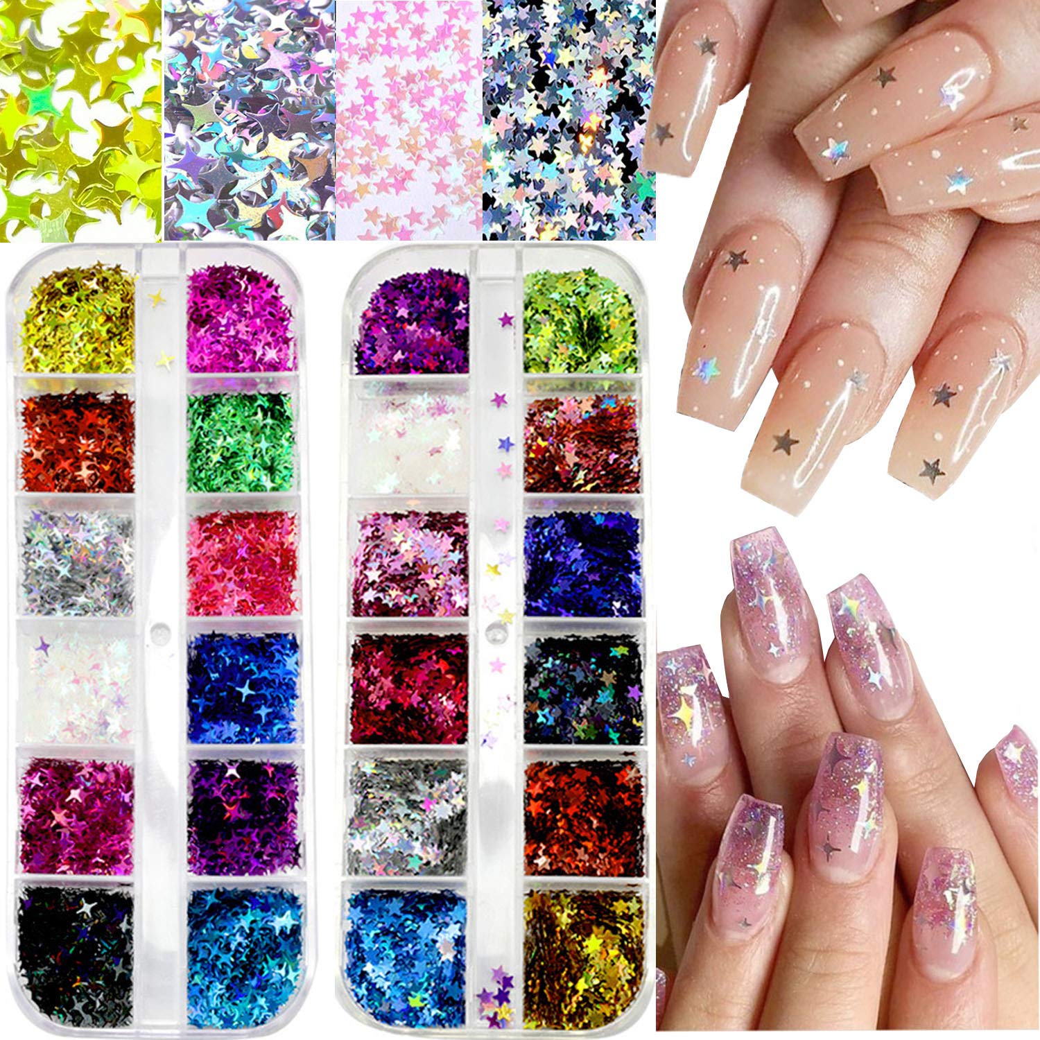 24 Boxes/Set Star Nail Art Glitter for Resin,3D Holographic Nail Sequins,Laser Five-pointed and Four-pointed Star Paillette for DIY Makeup Manicure Body, Sparkle Acrylic Nail Decoration Supplies Flake