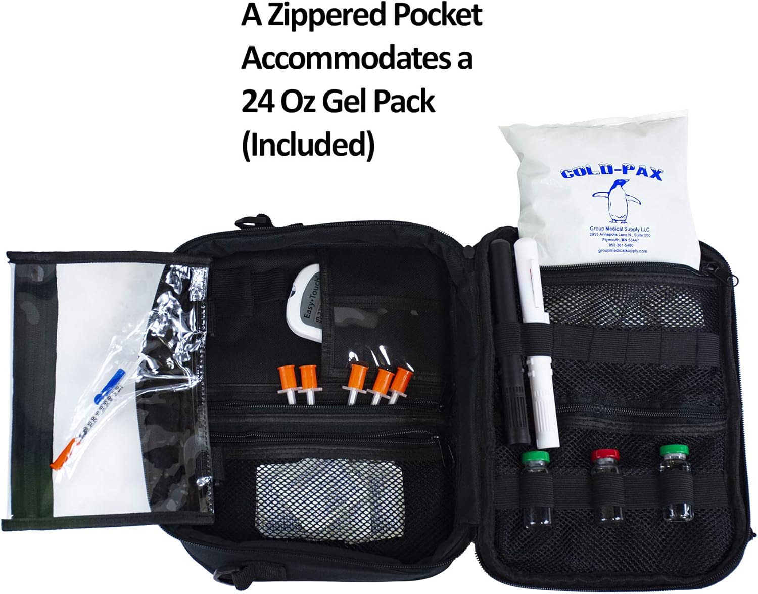 ChillMED Premier Diabetic Supply Organizer | Travel Bag with Shoulder Strap and One 24 oz Cold Pack - Up to 24 Hours of Cool Time - 11" x 9" x 3" (Grey): Health & Personal Care