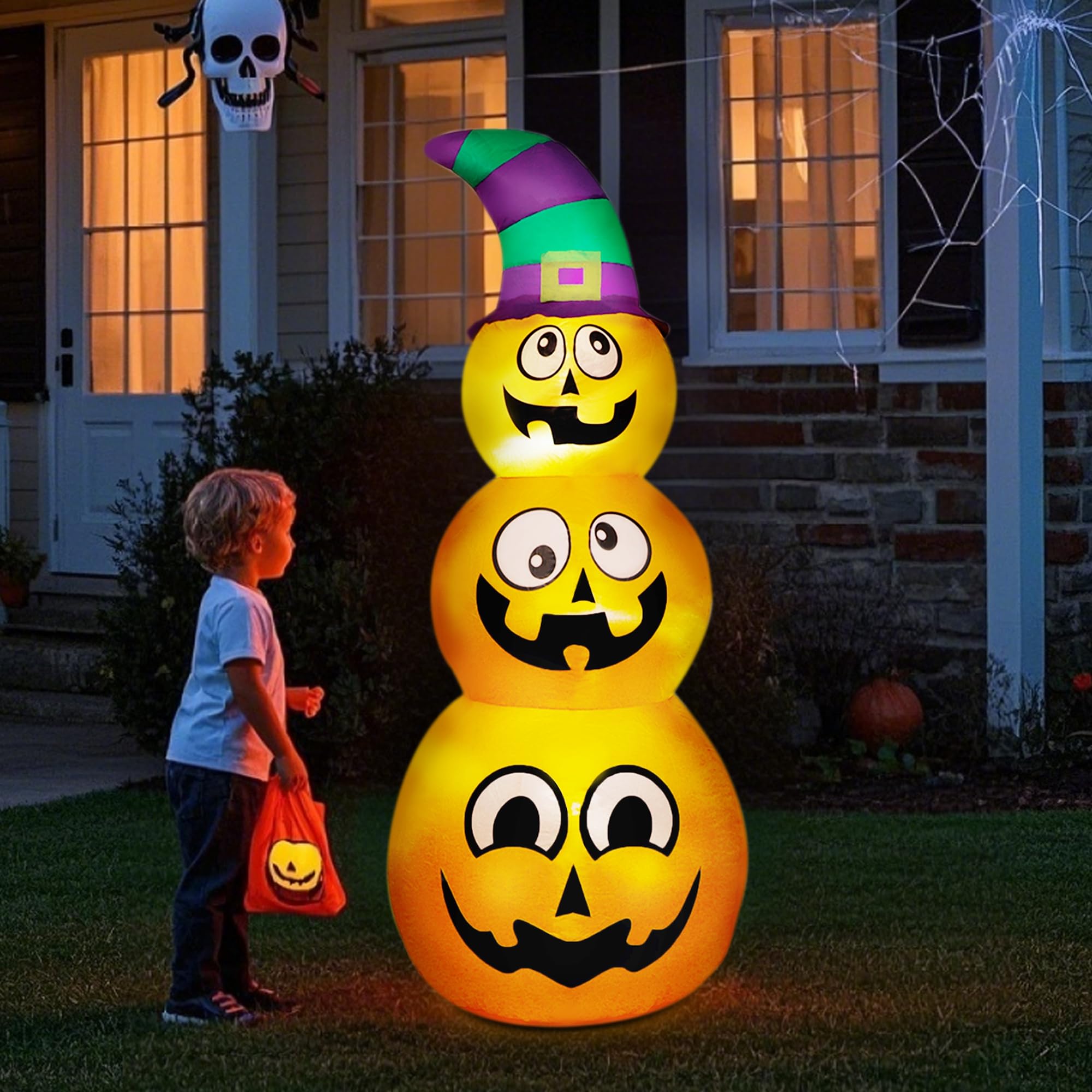 Photo 1 of Prsildan Halloween Inflatables Stacked Pumpkins with Witch Hat, 5 Ft Blow up Outdoor Decoration with Build-in LED Lights for Garden Yard Lawn Holiday Party