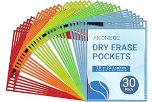 AKONEGE 30 Pack Oversized Dry Erase Pocket Sleeves - 10 x 13 Inch Ticket Holders Reusable Clear Plastic Sleeves Sheet Page Protectors for School Teacher Supplies & Classroom Organization, 5 Colors