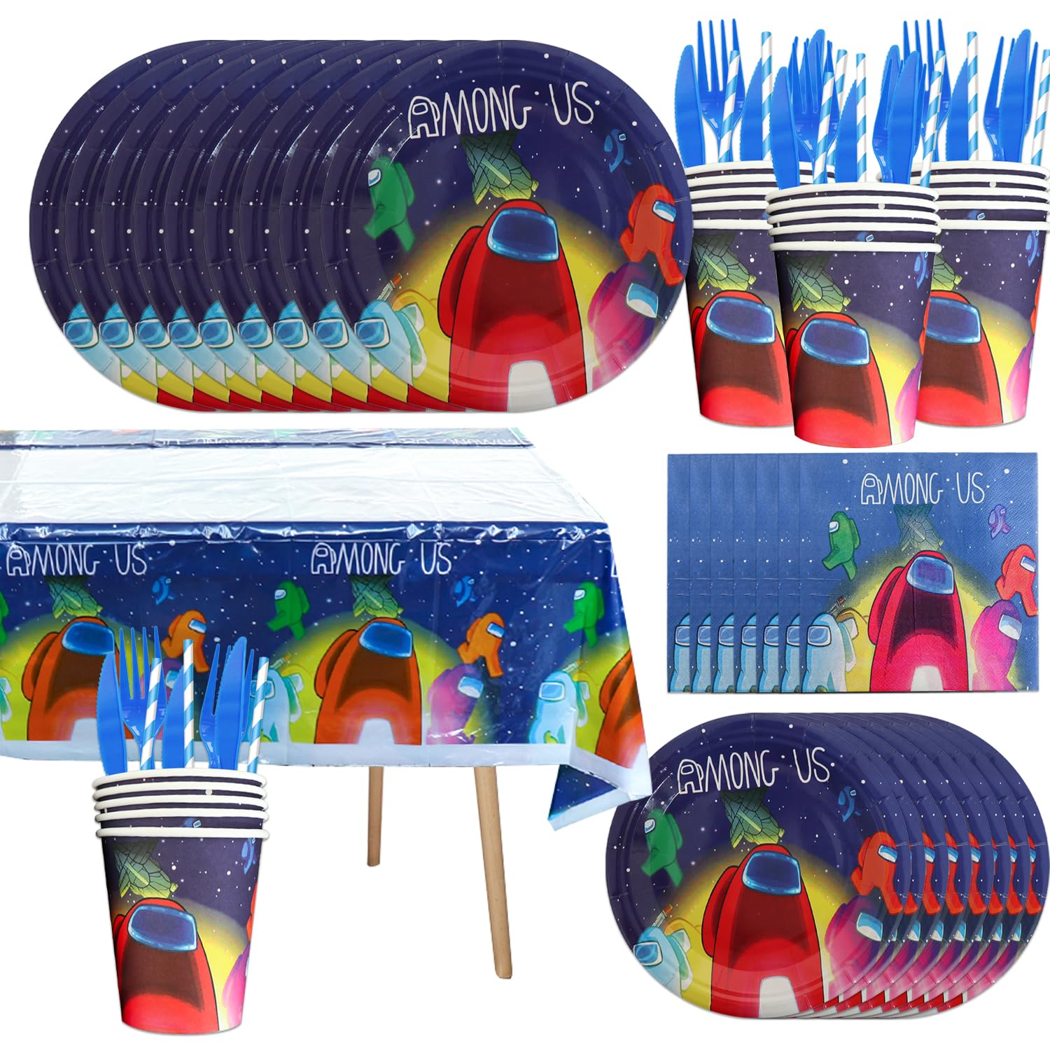 Photo 1 of 141pcs Among Birthday Tableware Decorations Party Plates Cups Soccer Theme Napkins Beach Ball Tablecloth for Soccer Party Decoration (Among)