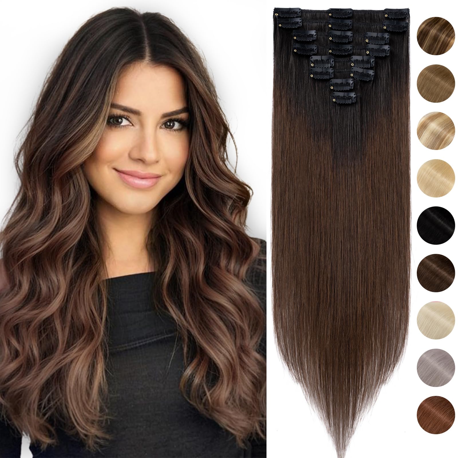 Silk-co Hair Extensions Clip in Hair Extensions Real Human Hair 8 PCS 100% Remy Straight Balayage Basic Thickness-Thin Weft-8 Pieces(12 inch-55g, #1B/4 Natural Black Ombre Medium Brown) — image 1