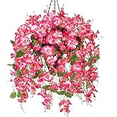 Artificial Fake Hanging Flowers Plants Basket for Outdoors, Faux Silk Hibiscus Flowers Trailing Vines in Planter UV Resistance Realistic for Outside Home Patio Porch Balcony Garden Decor, Pink