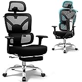 TECHREST Ergonomic Office Chair with Footrest, Big and Tall Home Desk Chair, High Back Rolling Computer Chair with 3D Arms and Lumbar Support, Comfortable Gaming Chair, Swivel Mesh Chairs, Black