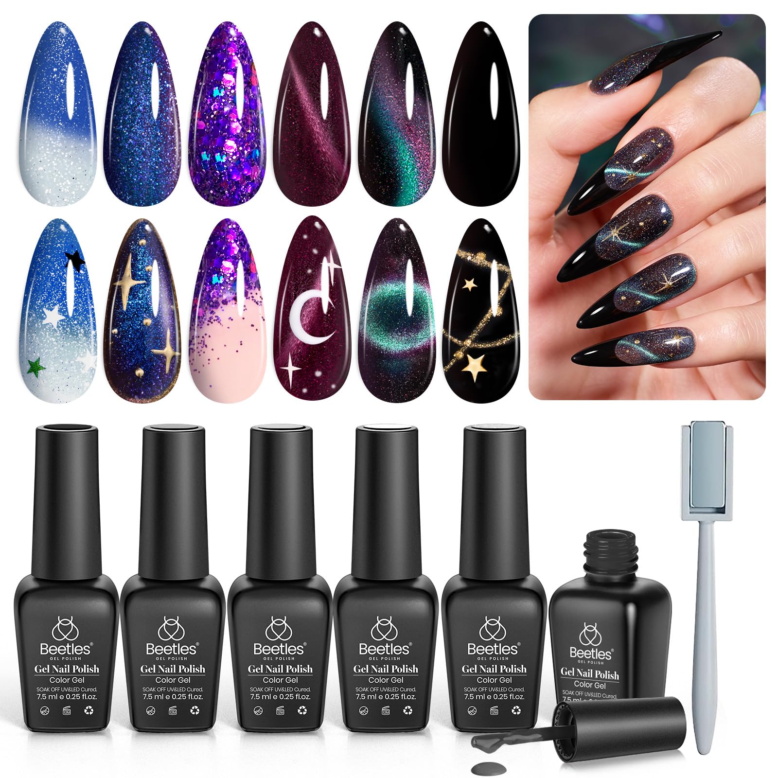 Photo 1 of *INCOMPLETE** Beetles Cat Eye Gel Polish - Milky Way 6 Colors Gel Polish Set, Black Purple Blue Temperature Changing Glitter Nails, Halloween Galaxy Nails Kit with Magnet Stick Soak Off Uv Lamp Gel