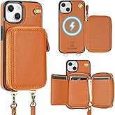 Bocasal for MagSafe Crossbody Wallet Case Compatible with iPhone 14 iPhone 13, RFID Blocking Protective Purse Case with Card Slots Holder Kickstand Wrist Strap Lanyard Zipper 6.1 Inch 5G (Brown)