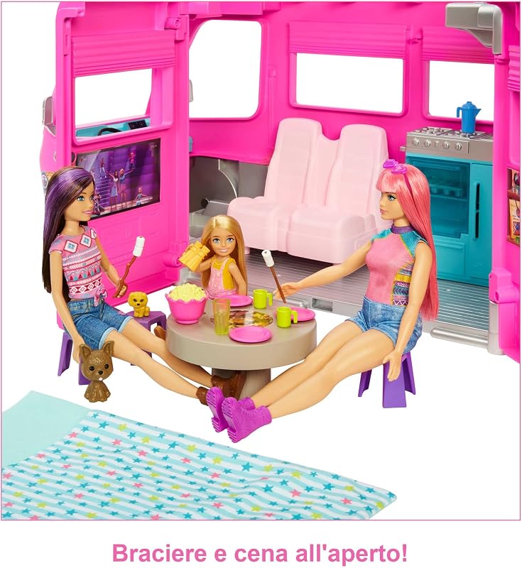 -Camper dei Sogni Playset con Veicolo, con Ruote, Piscina, Scivolo, 7 Aree Gioco e Oltre 60 Accessori da Campeggio, Giocattolo per Bambini 3+ Anni, HCD46 — foto 4 di 6