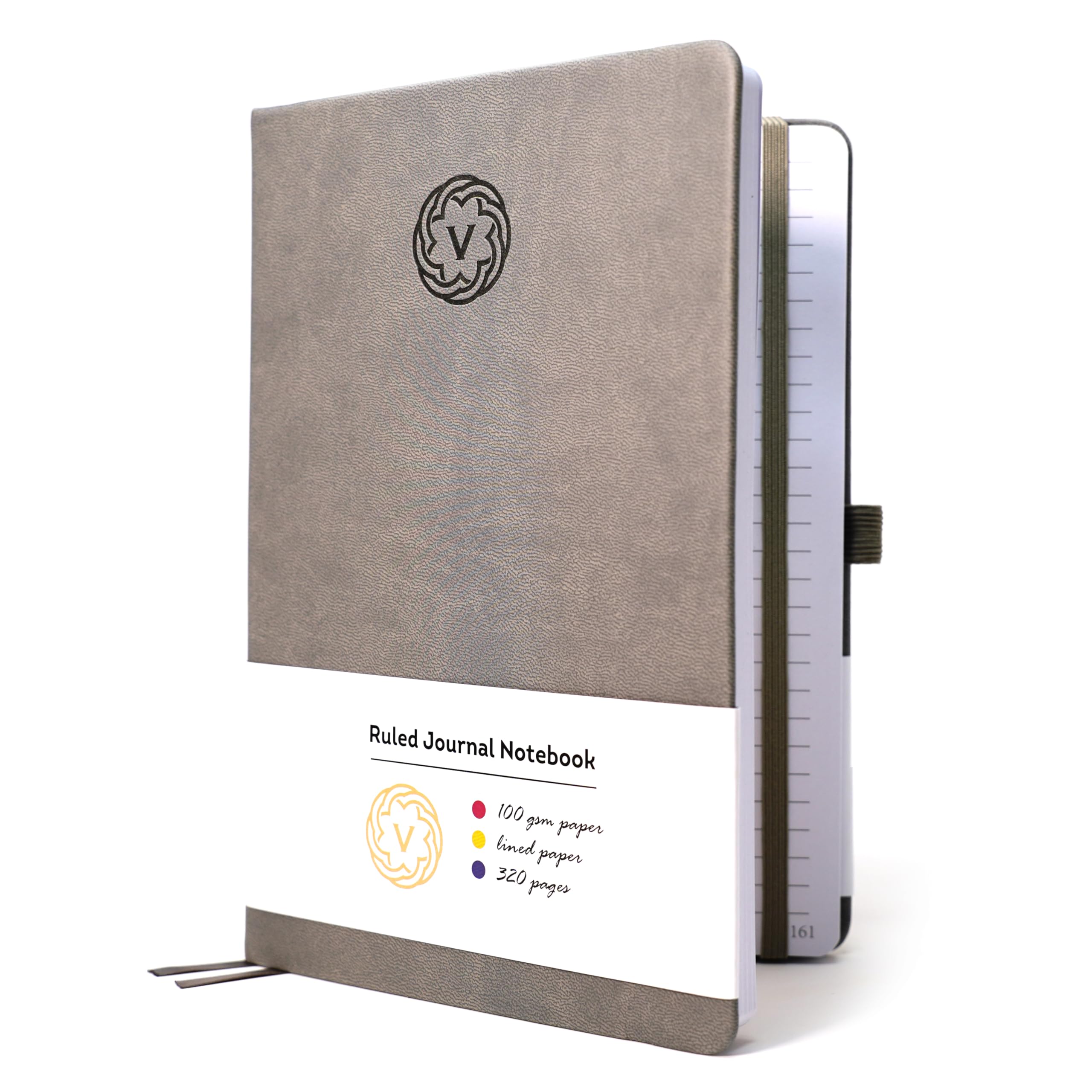 VABE UK A4 Journal Notebook Lined Notepad 320 Pages - 100gsm Hardcover Writing Notebook, Classic Casebound Lined Journal with Elastic Closure, Inner Pocket, Pen Loop & Sticky Notes (A4, Grey)