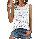 Zeagoo Womens Tank Tops 2026 Summer Pleated Scoop Neck Sleeveless Lace Crochet Boho Tops Dressy Casual Loose Fit Blouses
