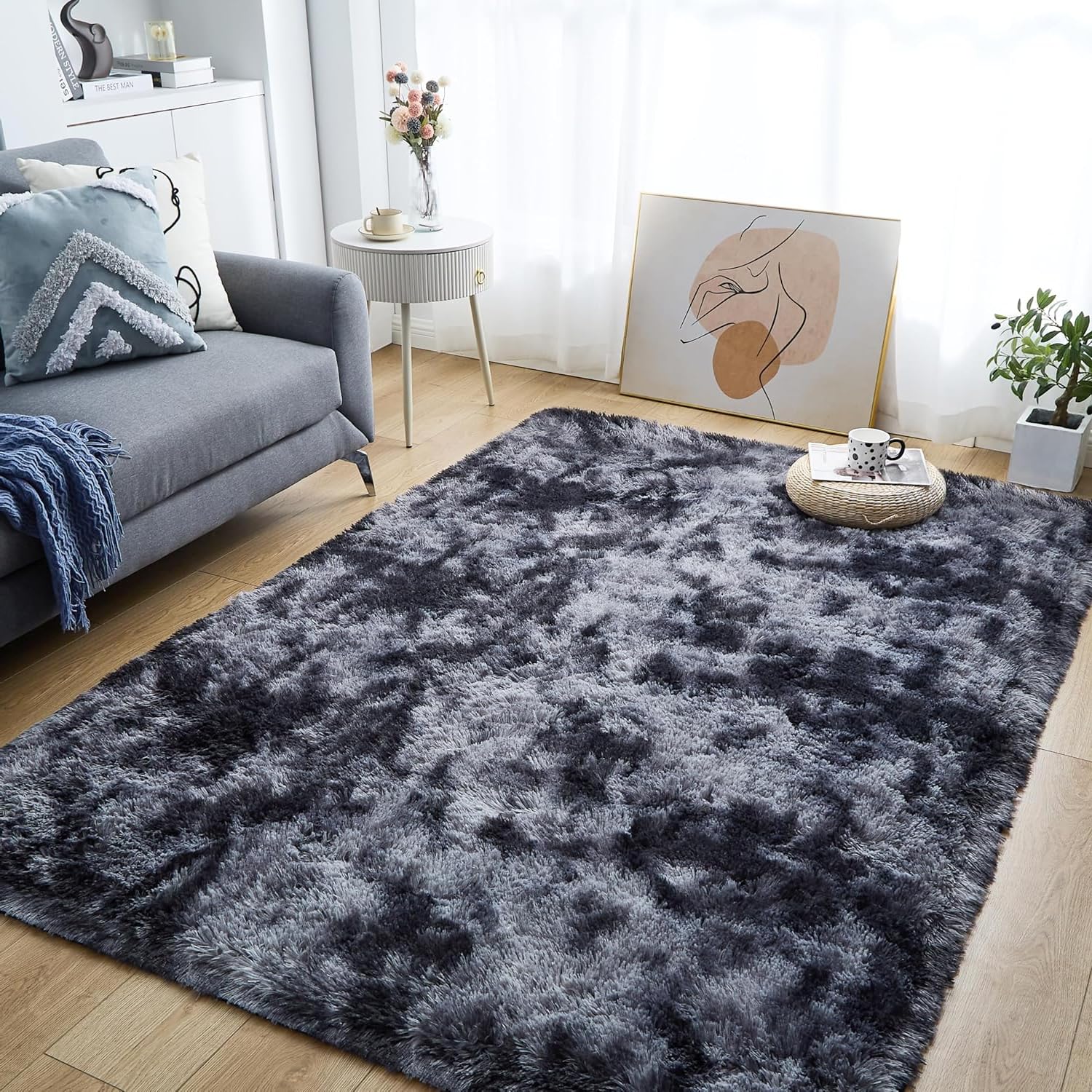 MOONLIGHT20015 Fluffy Rugs Living Room – Dark Grey Area Rugs for Bedroom 80cm x 150cm Anti-Slip – Modern Fluffy Shaggy Rug Plush Carpet Non Shedding Easy To Clean, Tye-Dye Grey