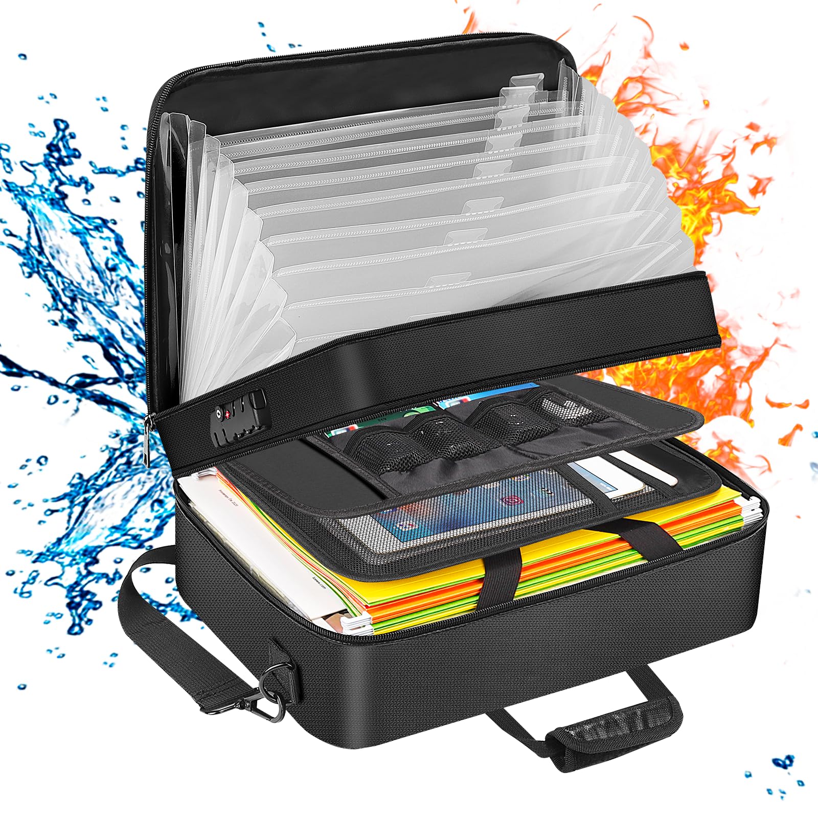 Fireproof Document Box,File Organiser File Folder with 13 Pockets and Lock A4 Document Bag Document Organizer Multi-Layer Document Storage Bag for Keeping Certificate,Contract,Passport,Cards,USB