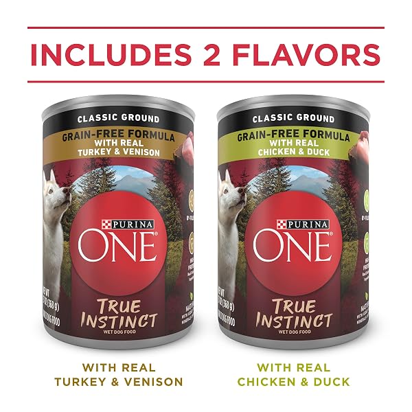 PURINA ONE TRUE INSTINCT CLASSIC GROUND GRAIN-FREE FORMULAS WITH REAL TURKEY AND VENISON, AND WITH REAL CHICKEN AND DUCK HIGH PROTEIN WET DOG FOOD VARIETY PACK – (PACK OF 6) 13 OZ. CANS