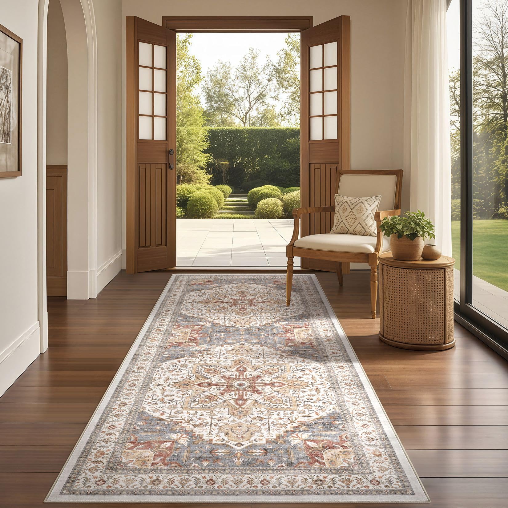 Tortania Area Rug 3x8 Runner Rugs - Washable Vintage Oriental Farmhouse Thin Indoor Carpet for Living Room Bedroom Hallway Entryway Kitchen Under Dining Table Home Office - Orange Multi Image