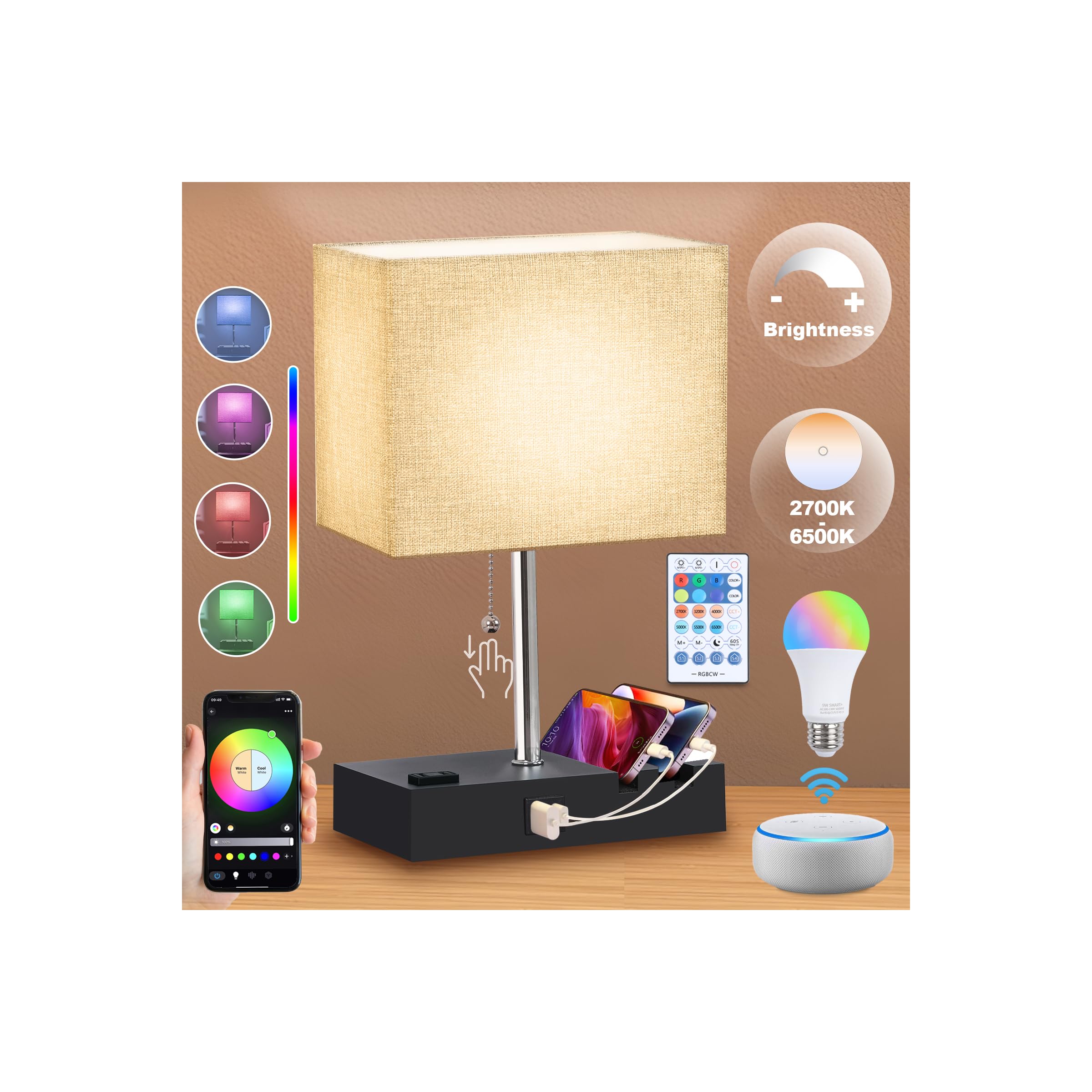 Photo 1 of NEWREACH RGB Smart Table Lamp with Remote Control - Alexa Lamp for Bedroom with Voice & APP Control & Music Sync, Dimmable Nightstand Lamp with Charging Station for Living Room, Alexa Bulb Included