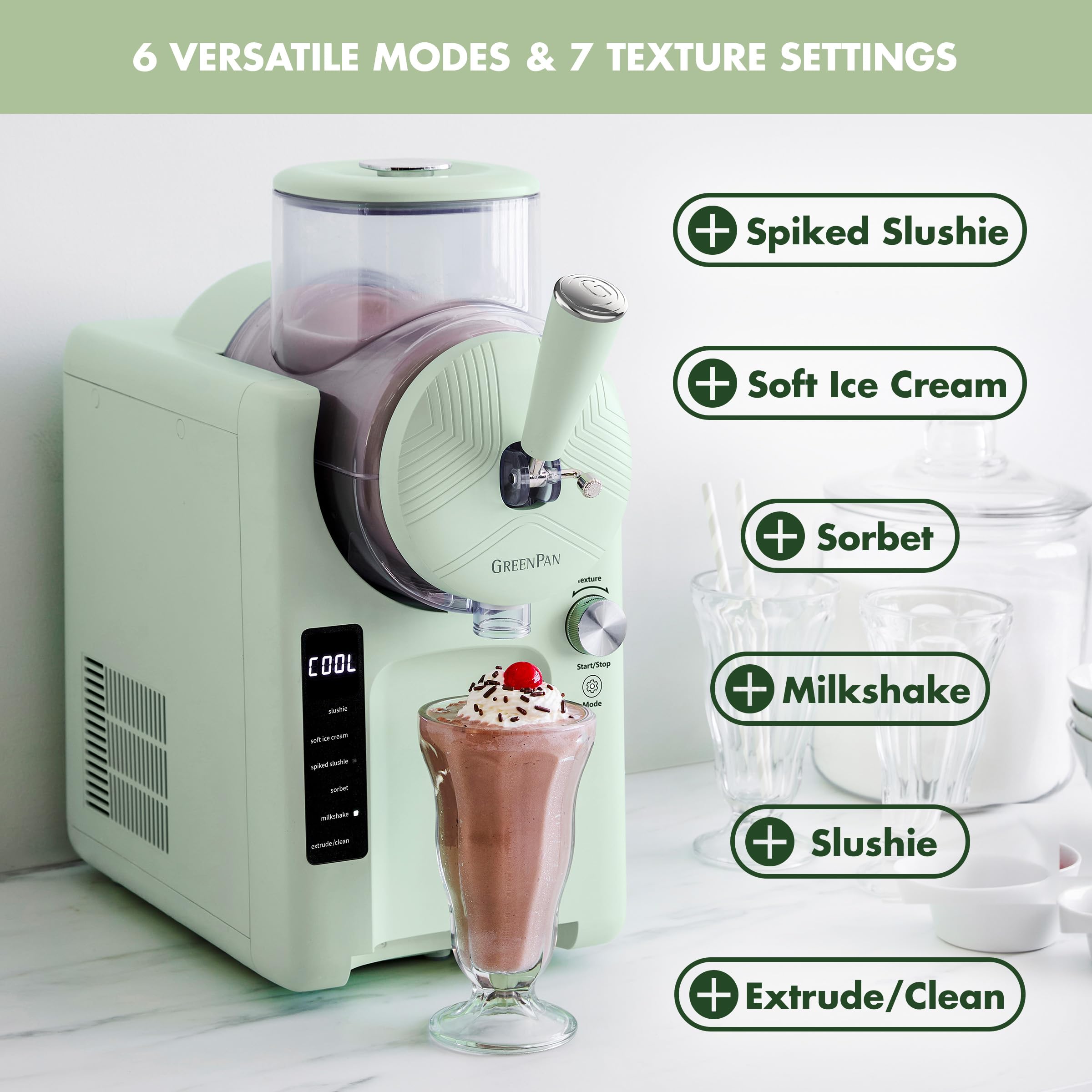 GreenPan Frost Máquina para hacer helados y bebidas congeladas, servicio suave, granizados, sorbetes, batidos y cócteles, no necesita congelador, 7 texturas, silencioso y rápido, fácil de limpiar, tamaño familiar, pistacho salvia