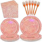 96Pcs Rose Gold Party Plates Iridescent Rose Gold Birthday Decorations Disposable Sprinkle Pink Paper Plates for Girls Women Valentine's Day Wedding Birthday Bridal Shower Party Decorations Serves 24