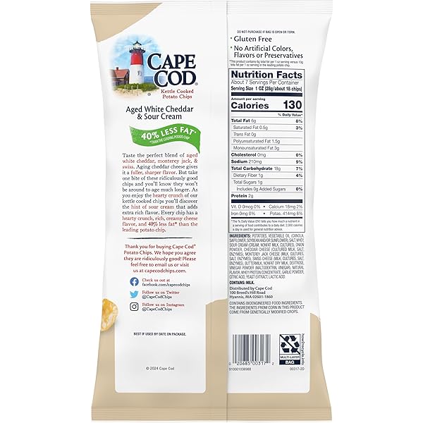 CAPE COD LESS FAT WHITE CHEDDAR & SOUR CREAM CHIPS, 7.5 OZ BAG