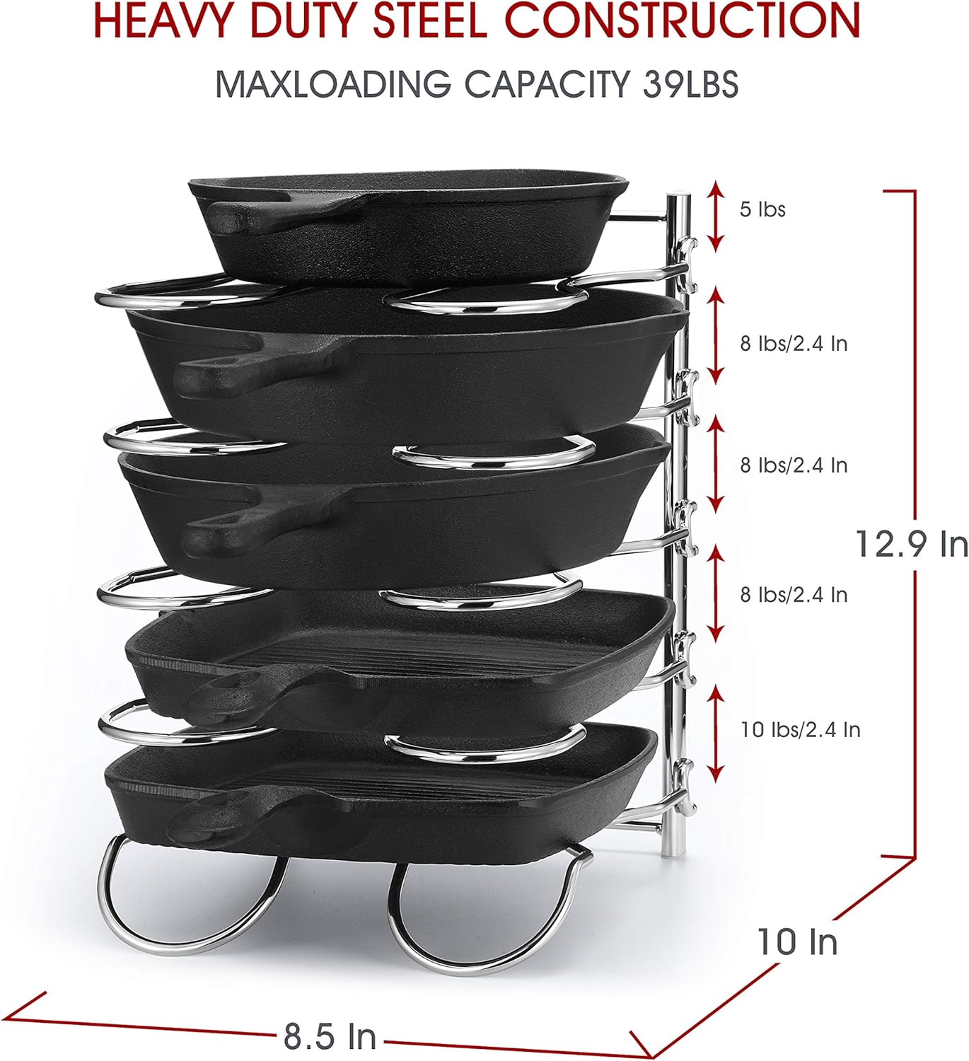 CAXXA Heavy Duty Pan Rack, Pot Lid Rack, Kitchen Cabinet Pantry Cookware Organizer Rack Holder | 5 Adjustable Dividers, Chrome: Kitchen & Dining