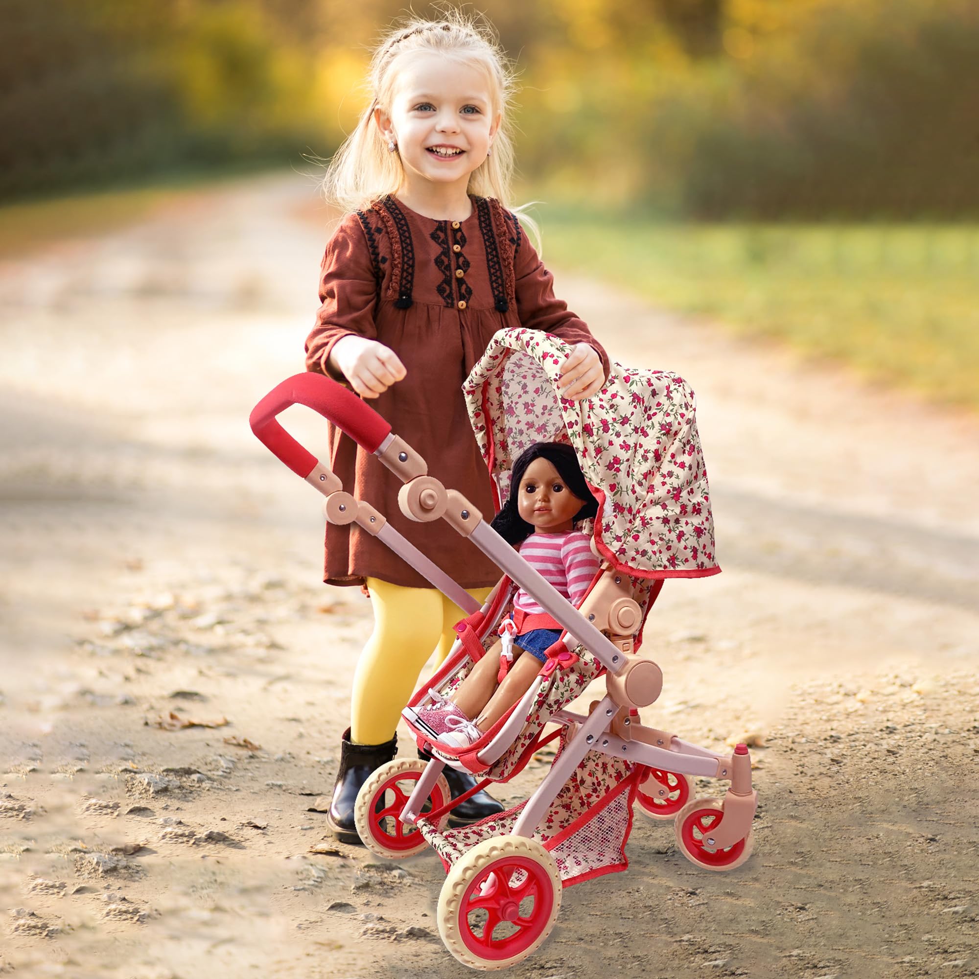 Convertible Combo Baby Doll Stroller for 3 Year Old Girls & Up | Play Toy Baby Stroller for Dolls, Folding Adjustable Bassinet Carriage Buggy with Storage Basket Converts to Sit Up Pushcart Pram, Red