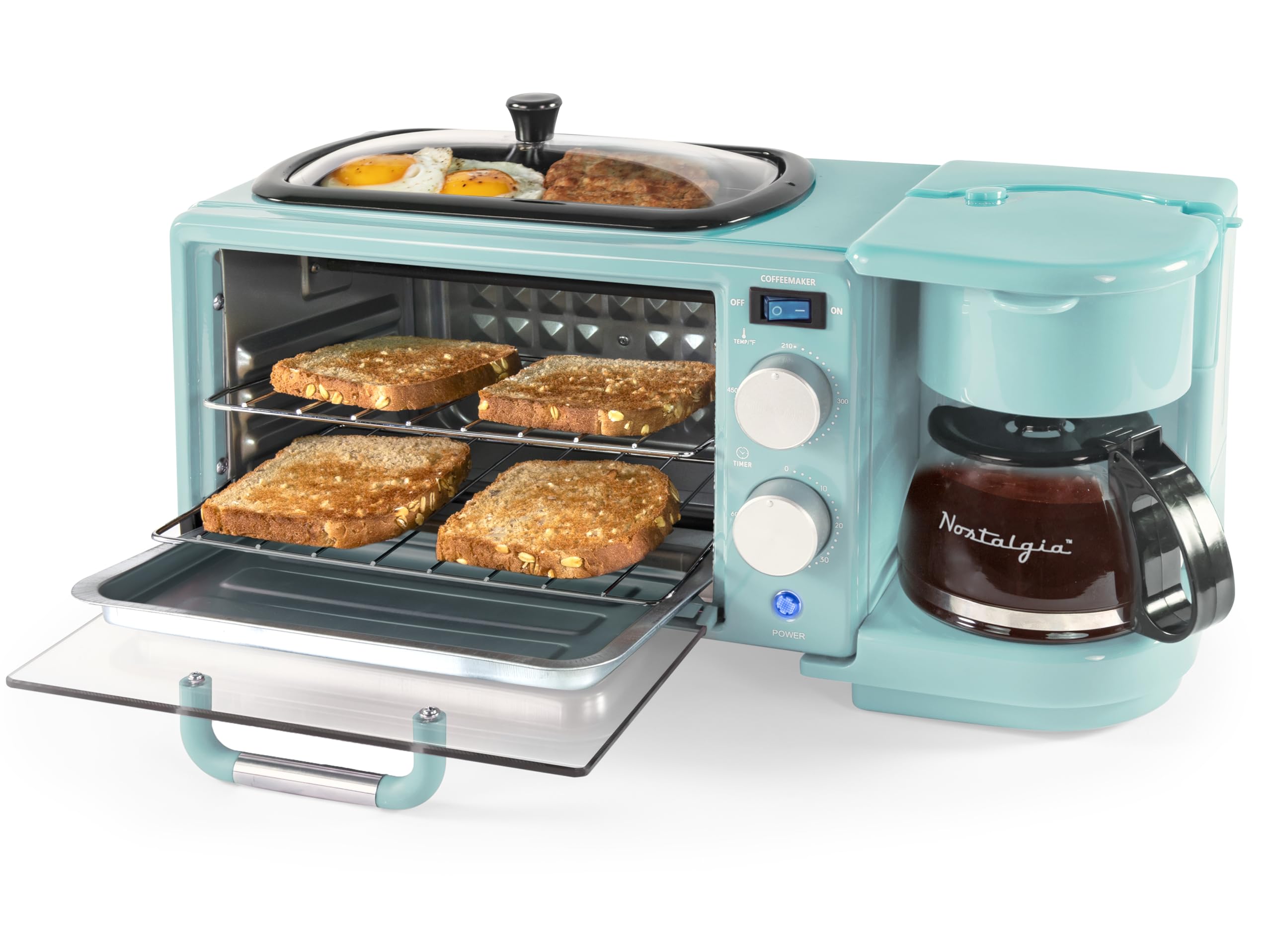 Photo 1 of ************COFFEE MAKER NOT WORKING*************
Nostalgia 3-in-1 Retro Breakfast Station - Includes 5 Cup Coffee Maker, Non-Stick Ceramic Griddle, and 4-Slice Toaster Oven - Built-In Timer, Reusable Coffee Filter, Space-Saving Design - Aqua