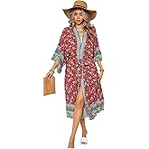 R.Vivimos Women's Vintage Floral Print Beach Boho Cardigan Kimono Maxi Swimwear Cover up Dress Wrap