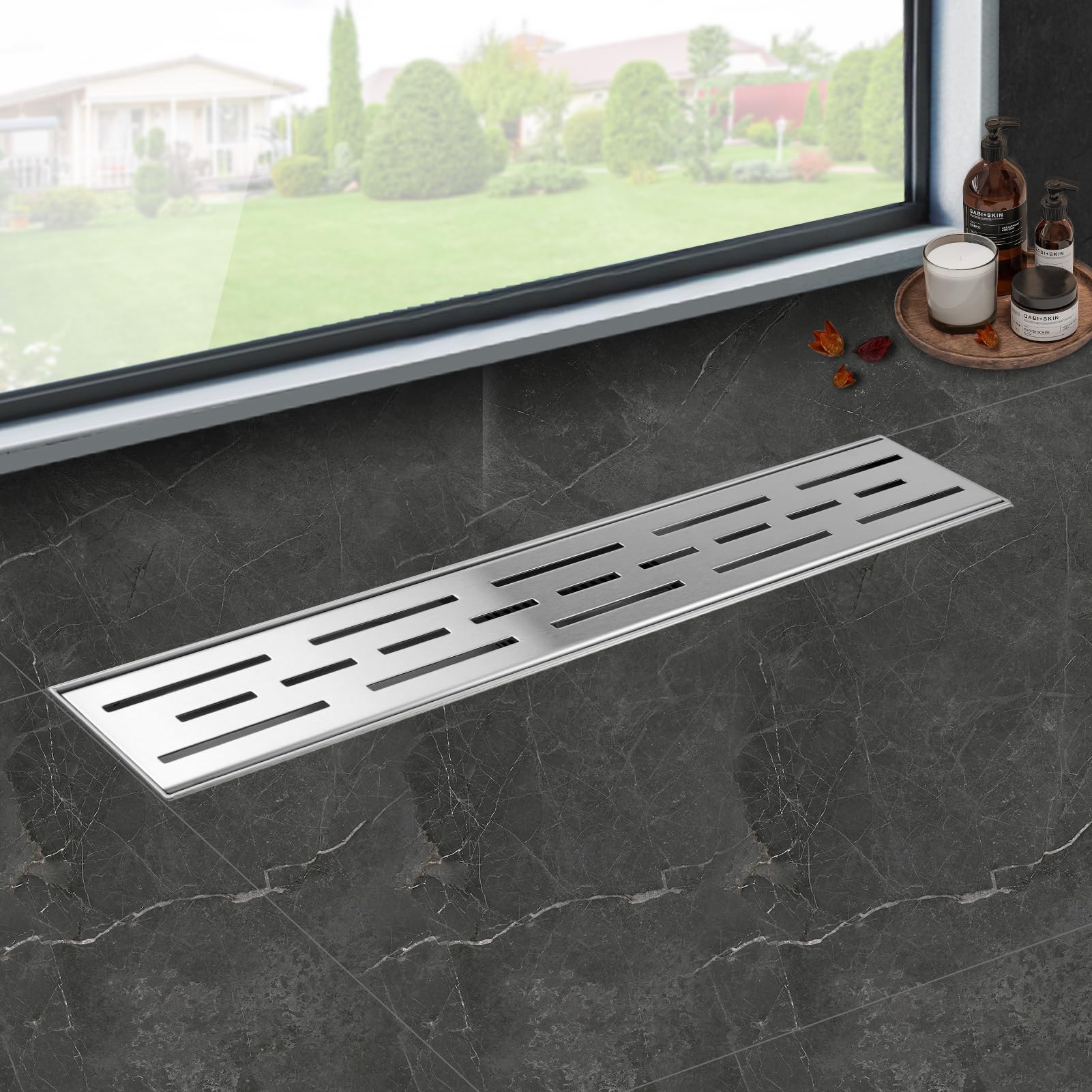 iYueMps Linear Shower Drain 700mm/27inch Stainless Steel Invisible Bathroom Floor Drain Set with Odor Stop and Hair Strainer