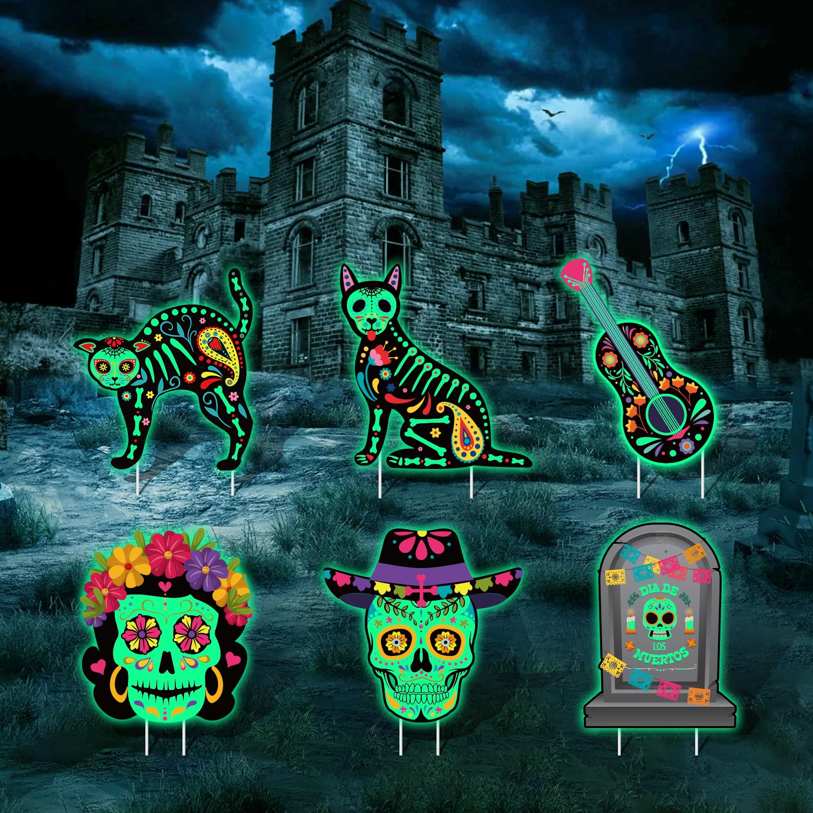 Photo 1 of 6Pcs Day of the Dead Yard Signs Decorations Glow in the Dark Halloween Outdoor Yard Signs Scary Fluorescence Skeleton Cat Lawn Signs with Stakes for Mexican Fiesta Halloween Party Supplies Lawn Decor