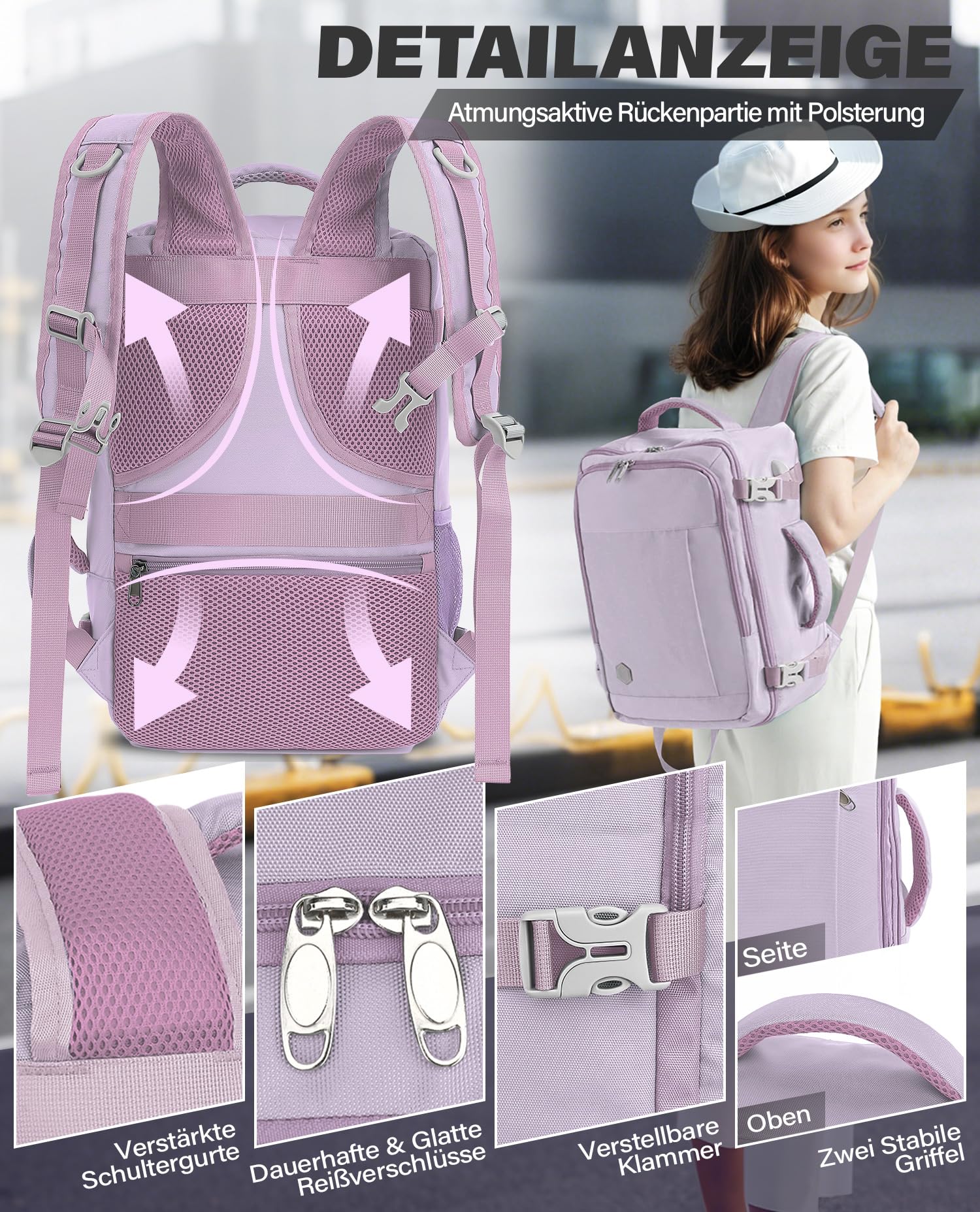 VANKEV für Easyjet Handgepäck 45x36x20 Laptop Rucksack Reiserucksack Handgepäck Tasche Rucksack 15.6 Zoll Laptop Backpack für Herren Damen Helllila 5