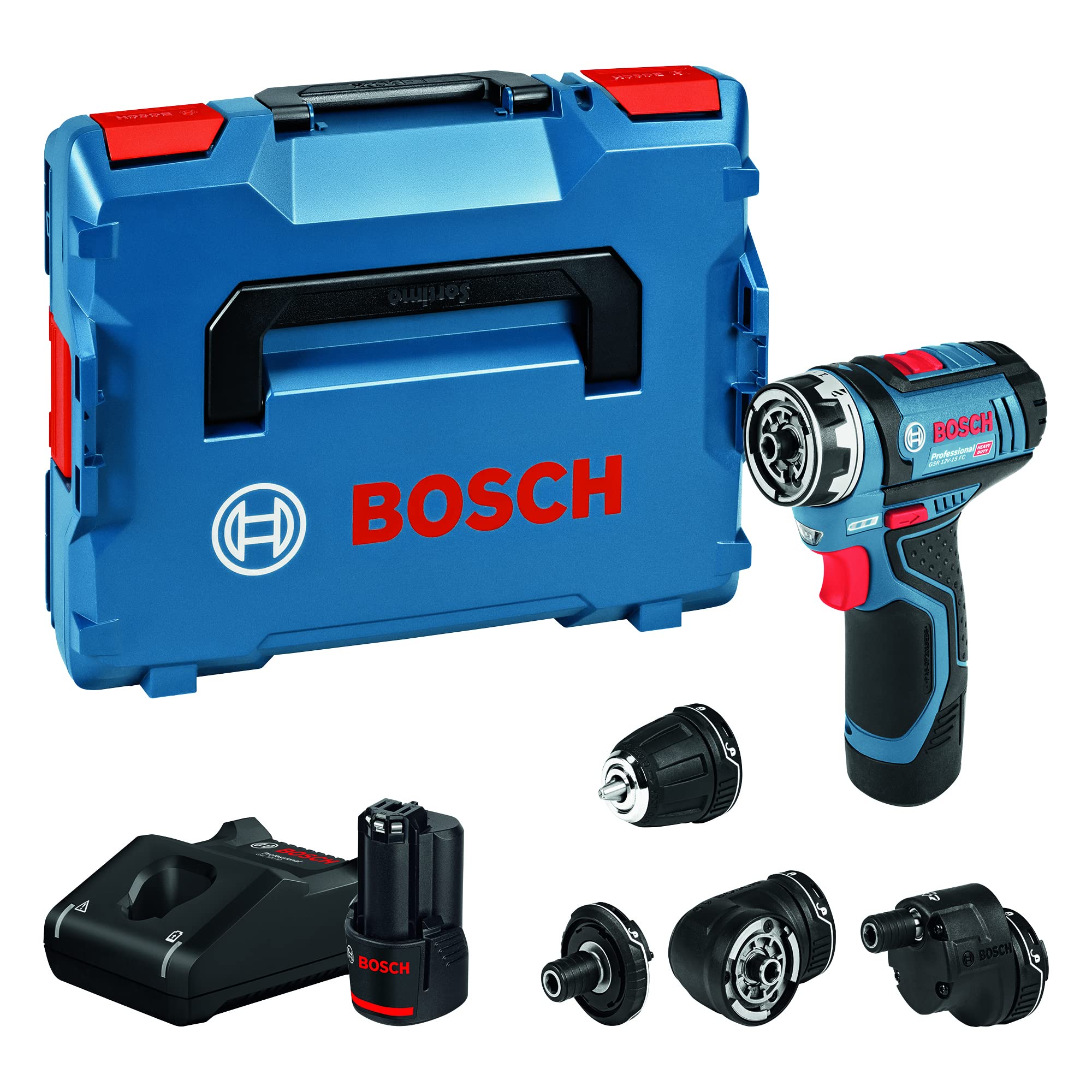 Bosch Professional 12V System Cordless Drill Driver GSR 12V-15 FC (2X Battery GBA 12V 2.0Ah, Charger GAL 12V-40, 4X Adapter (GFA 12-B, GFA 12-X, GFA 12-W, GFA 12-E, L-BOXX 102)