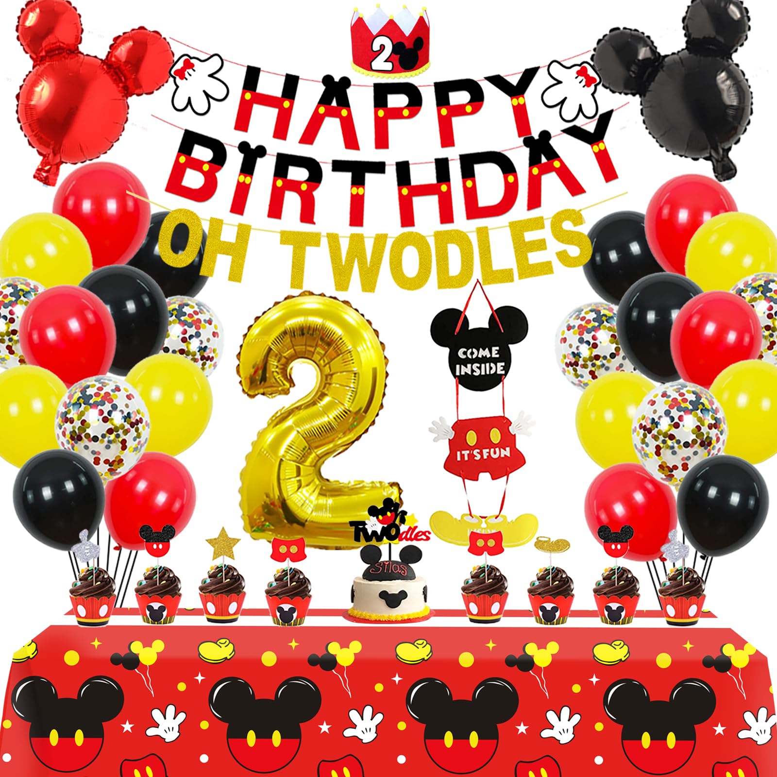 Photo 1 of 2nd Mouse Birthday Party Supplies Decorations 57Pcs - HAPPY BIRTHDAY Banner OH TWODLES Banner '2' Foil Balloon Balloons Hat Door Sign Cupcake Toppers Birthday Decorations for Boys Girls Kids Babies