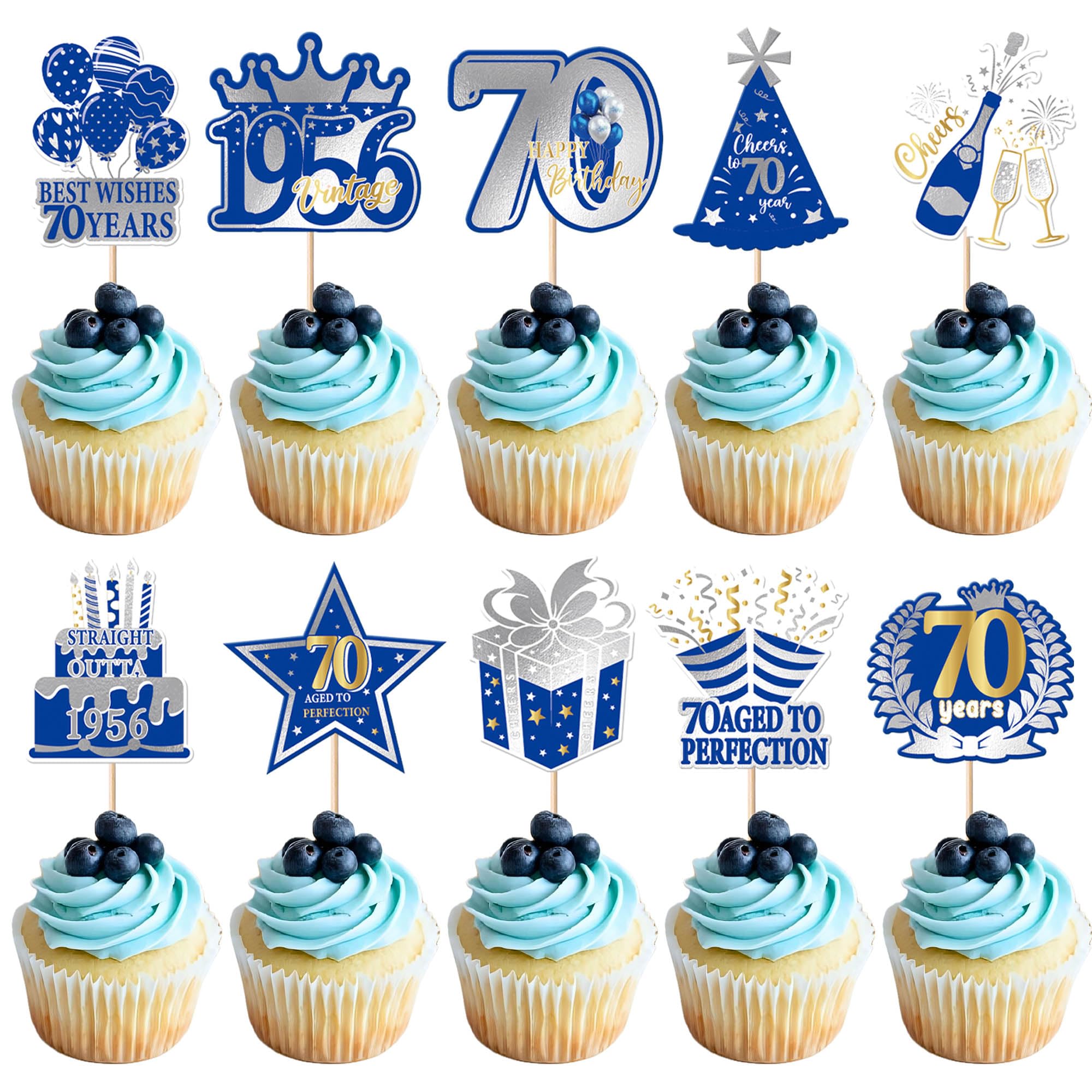 Xsstarmi 40 Pack 70th Birtday Cupcake Toppers Best Wishes 70 Years Aged to Perfection Straight Outta 1946 Cupcake Picks for Cheers to 70 Birthday Party Cake Decorations Supplies