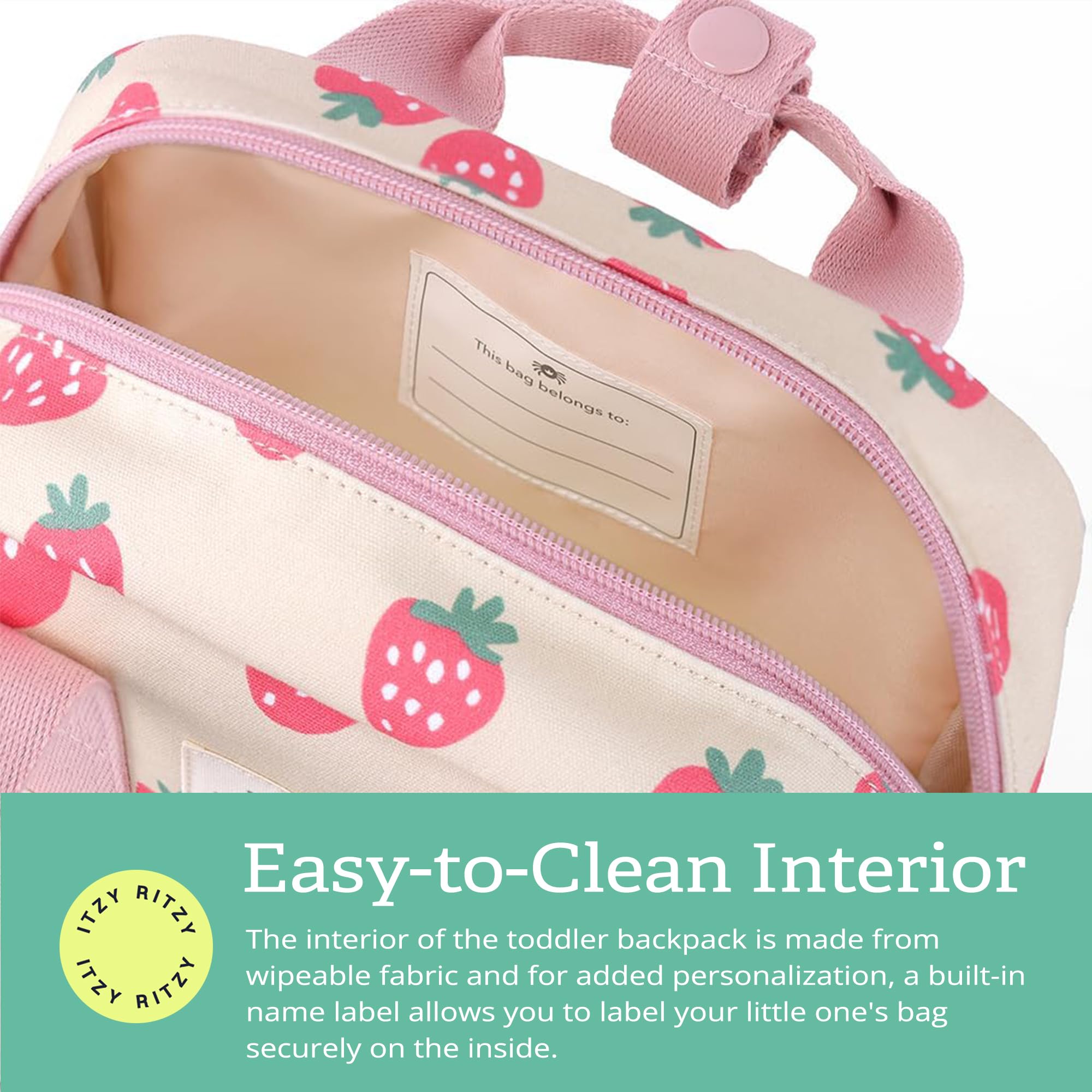 Itzy Ritzy Toddler Backpack - Daycare Bag - Features Adjustable Shoulder Straps, 2 Side Pockets & Spacious Interior with Wipeable Fabric Lining & Name Label, Strawberry Backpack