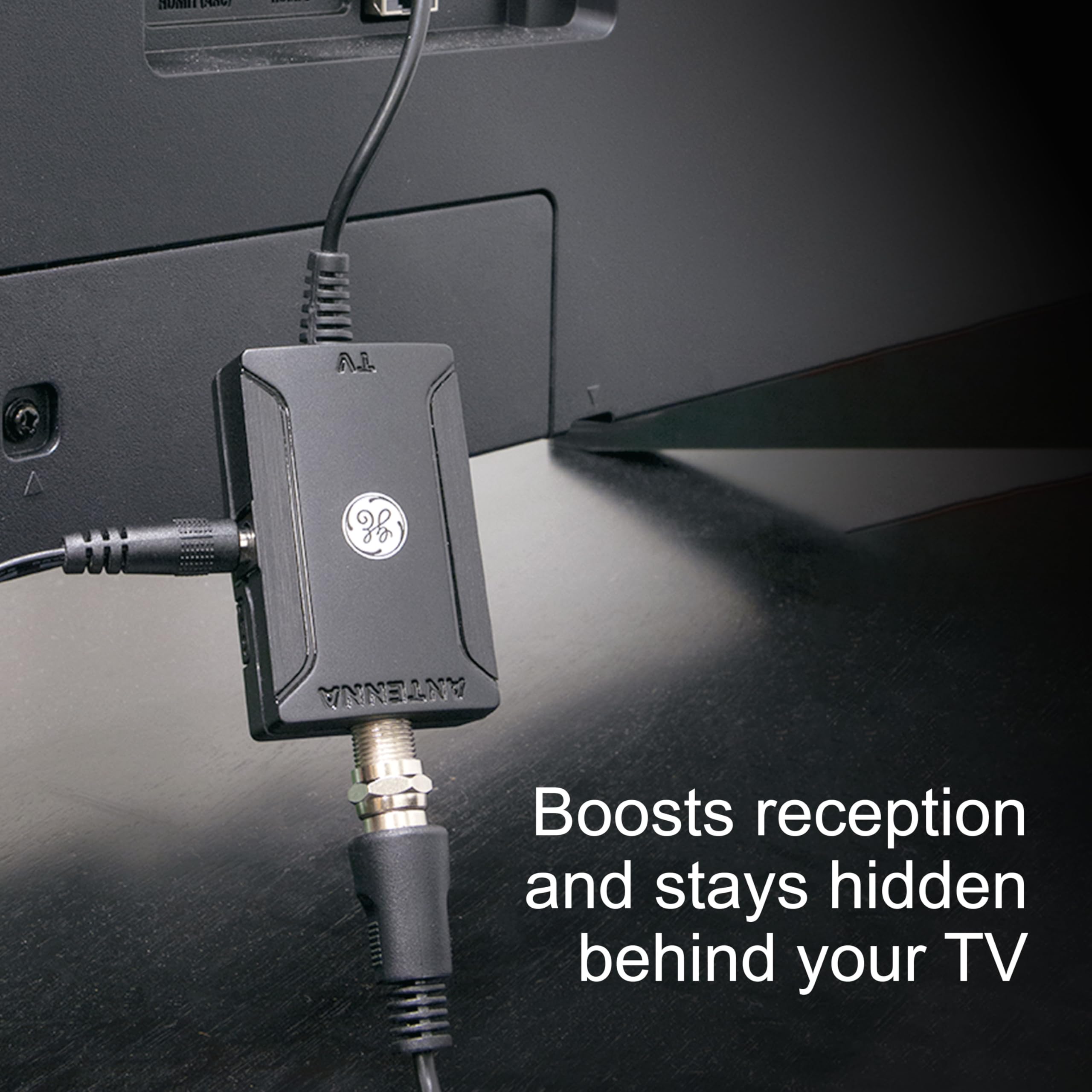 GE Indoor TV Antenna Amplifier, Antenna Signal Booster, HD TV Digital VHF UHF, Low Noise, AC Power Adapter, Black, 42178