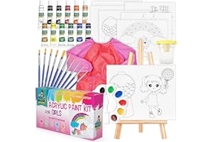KEFF Acrylic Paint Set for Kids - Non Toxic Washable Paint for Kids - 32 Pcs Painting Kit for Kids with Blank & Pre-Drawn Canvas Boards, Wooden Easel, Brushes, Mixing Palette, Washing Cup & Pink Smock