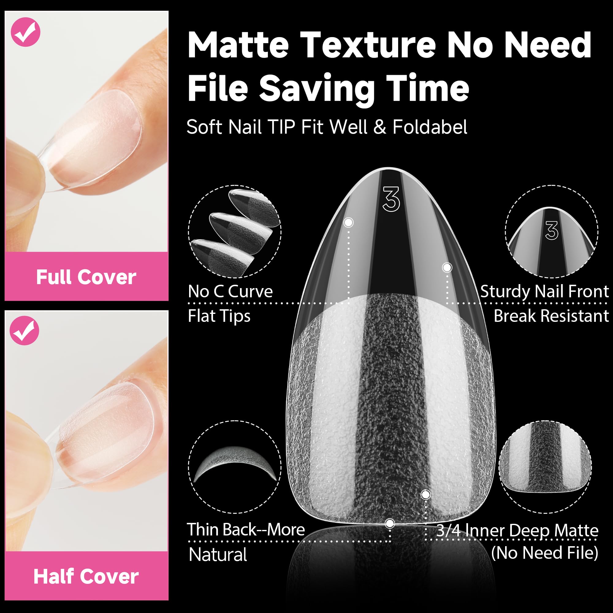 UNA GELLA Short Almond Nail Tips, 312pcs Short Almond Gel Nail Tips Half Matte Press On Nails Clear Acrylic Fake Nails for Full Cover Nails Extension Home DIY Nail Salon 12 Sizes - Image 3