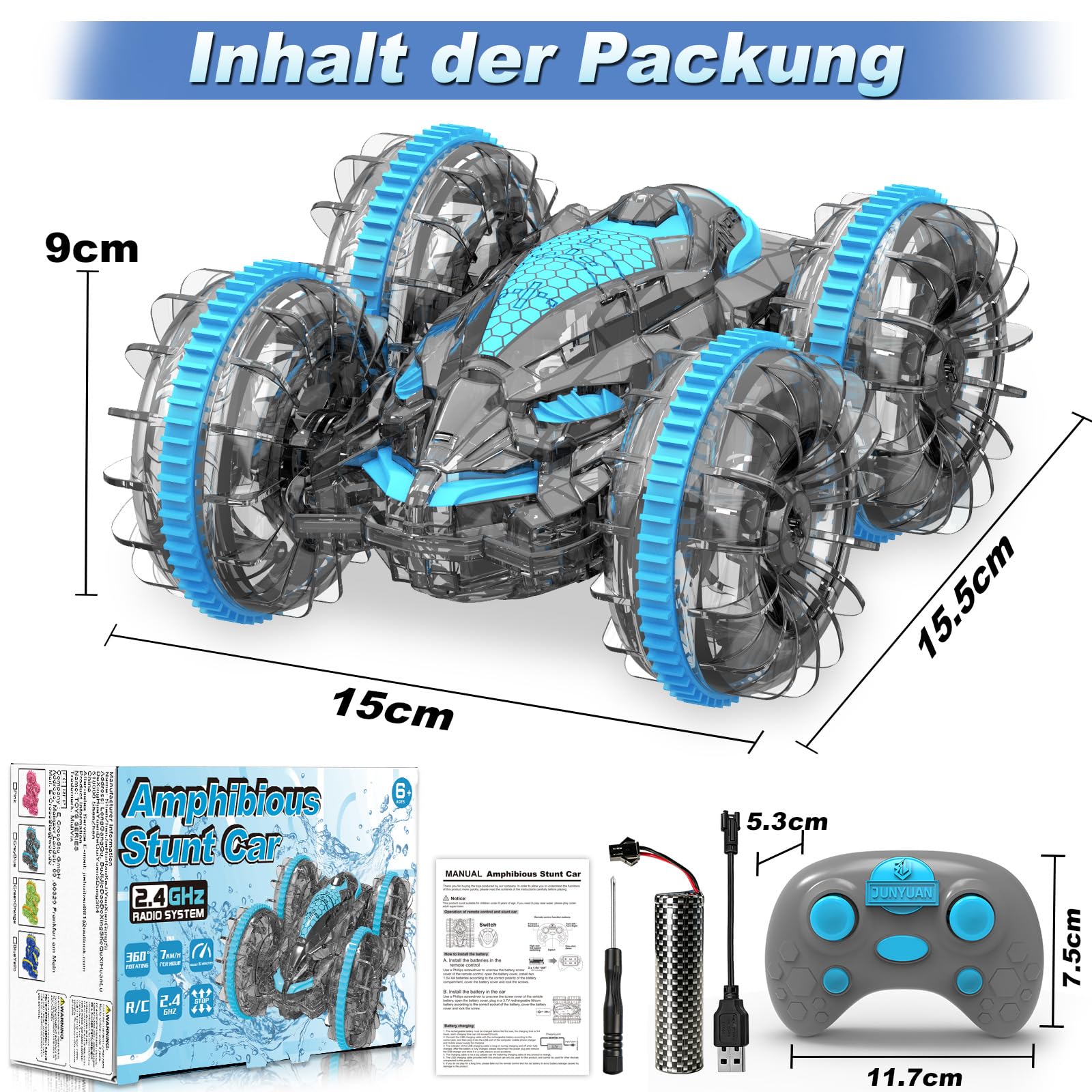 MidiVix Amphibienfahrzeug Ferngesteuertes Auto, 90 Min Spielzeit, 2.4GHz Double-Sided Stunt RC Auto Car mit LED Licht, 4WD 360° Drehung, Pool & Outdoor Spielzeug Geschenke für Kinder 6-12 Blaugrau 7