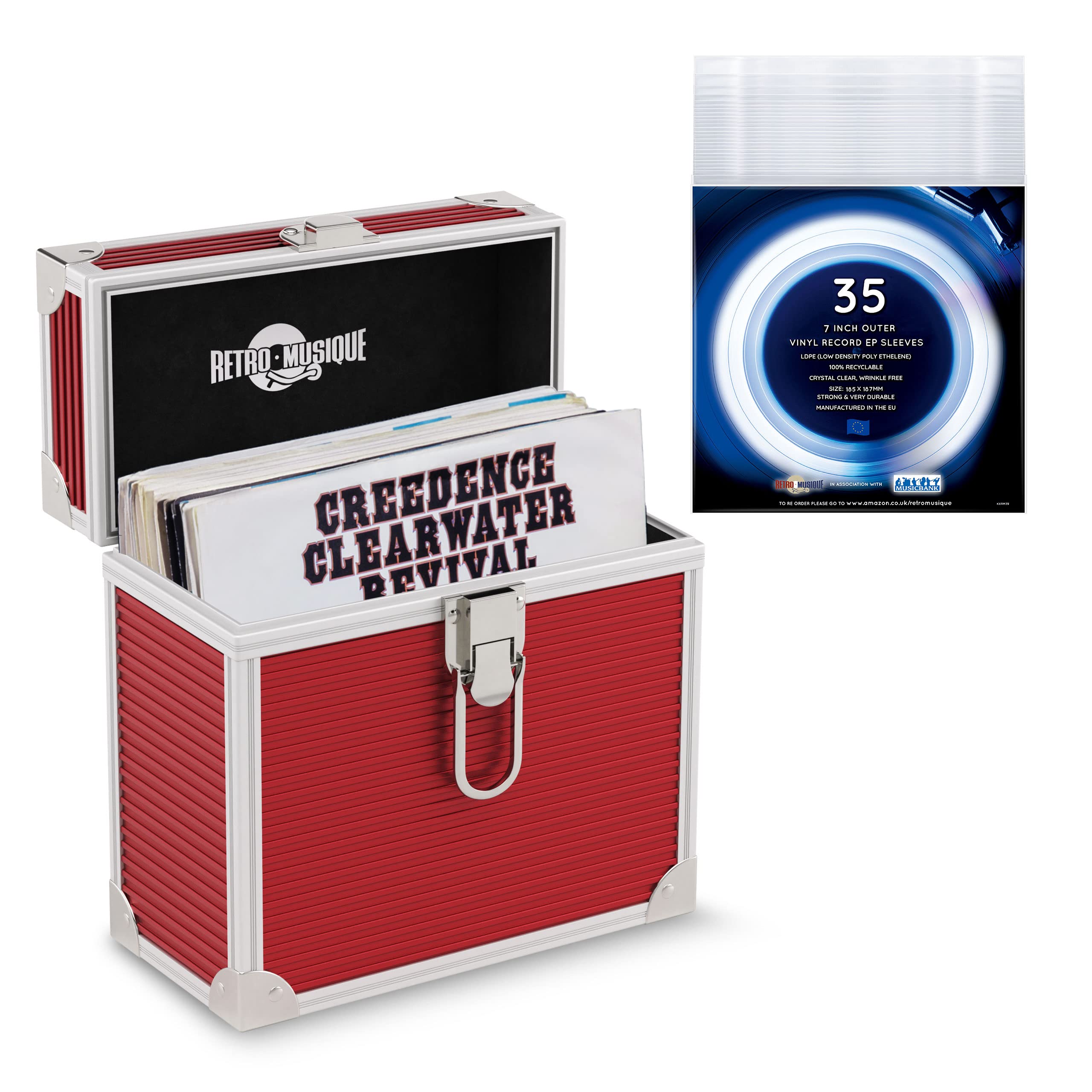 Retro musique 7" Aluminum Vinyl Record Storage Case Holds up to 35 EP (in PVC Bags) and 35 Exterior Vinyl Record Pockets, red, Retro