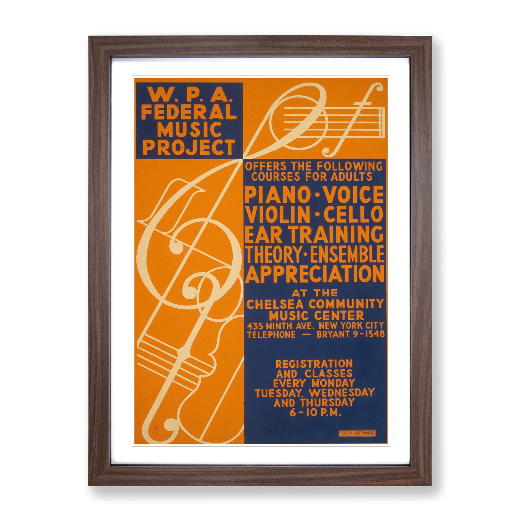 Wpa Music Project No.2 Music Poster Vintage Framed Wall Art Print, Ready to Hang Picture for Living Room Bedroom Home Office Décor, Walnut A4 (34 x 25 cm)