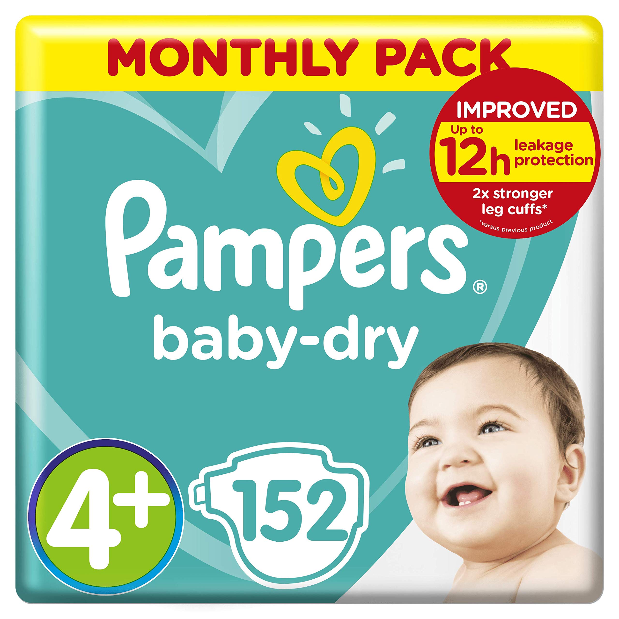 Pampers Baby Nappies Size 4 (10-15 kg / 22-33 lbs), Baby-Dry, 152 Nappies, Monthly Savings Pack, Air Channels for Breathable Dryness Overnight