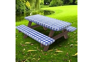 UMINEUX Rectangle Picnic Table Cover with Bench Covers, Fitted Vinyl Tablecloth for 6 FT Tables, Waterproof, Flannel Backing, Elastic Edge (30 x 72 Inch, Blue Plaid)