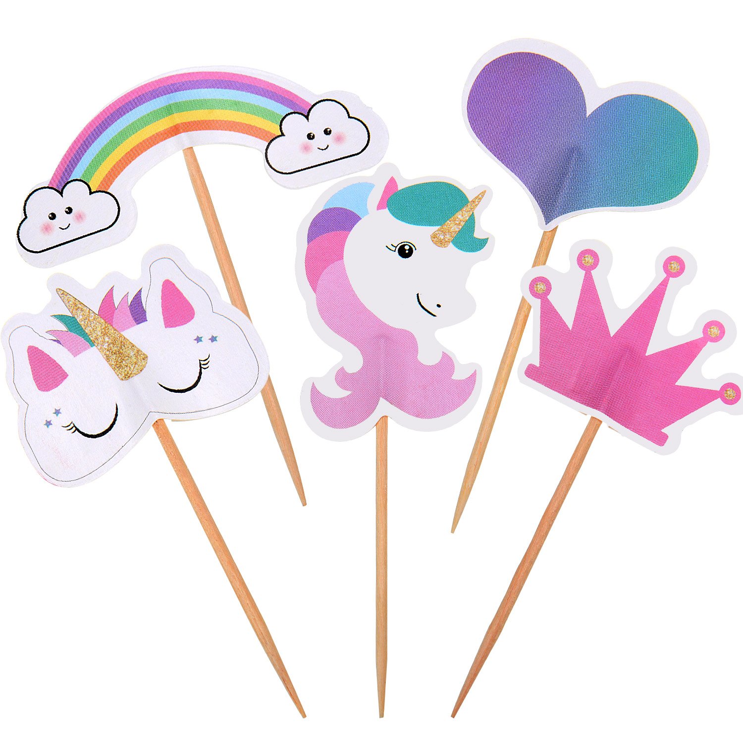TecUnite 48 Pieces Unicorn Cupcake Toppers Rainbow Heart Crown Cake Toppers for Themed Party Birthday Cake Decoration