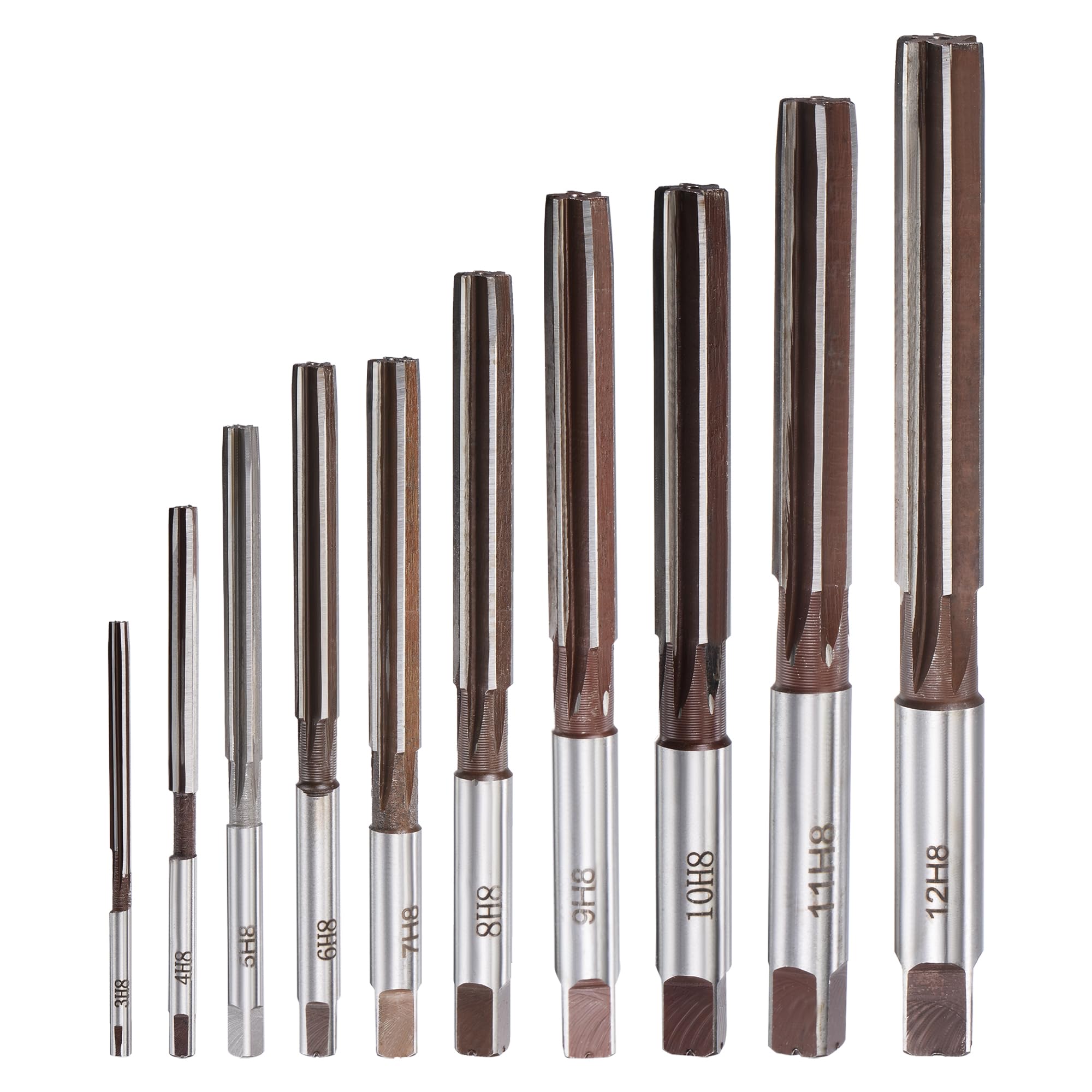 Photo 1 of uxcell Hand Reamers Set H8 Accuracy Alloy Tool Steel 6 Flutes Straight Shank Milling Cutter Tool 10pcs (3mm, 4mm, 5mm, 6mm, 7mm, 8mm, 9mm, 10mm, 11mm, 12mm)